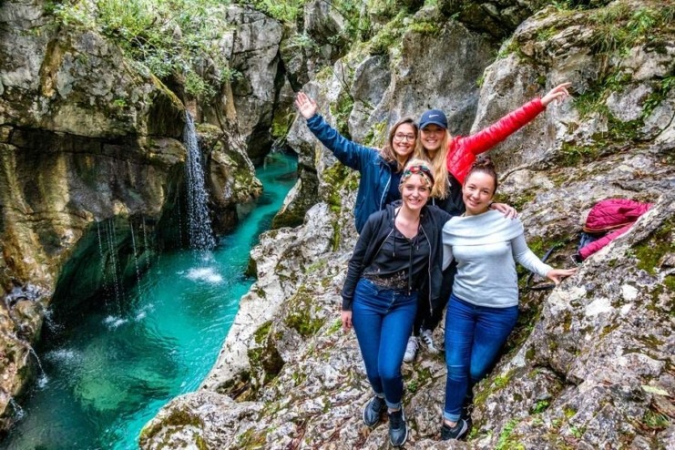 Four tourists in the Great Soča Gorge