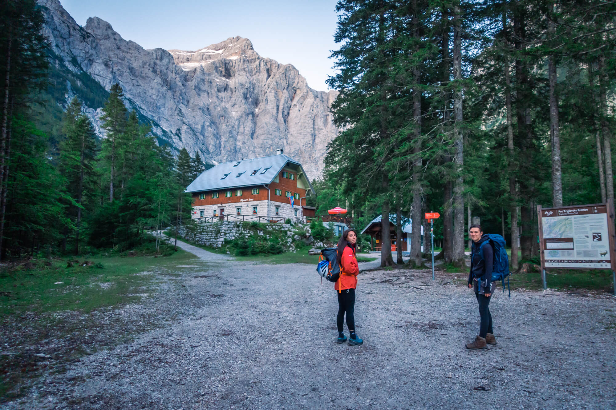 Female Hikers at Aljaz Hut, Vrata Valley Female Hikers at Aljaz Hut, Vrata Valley