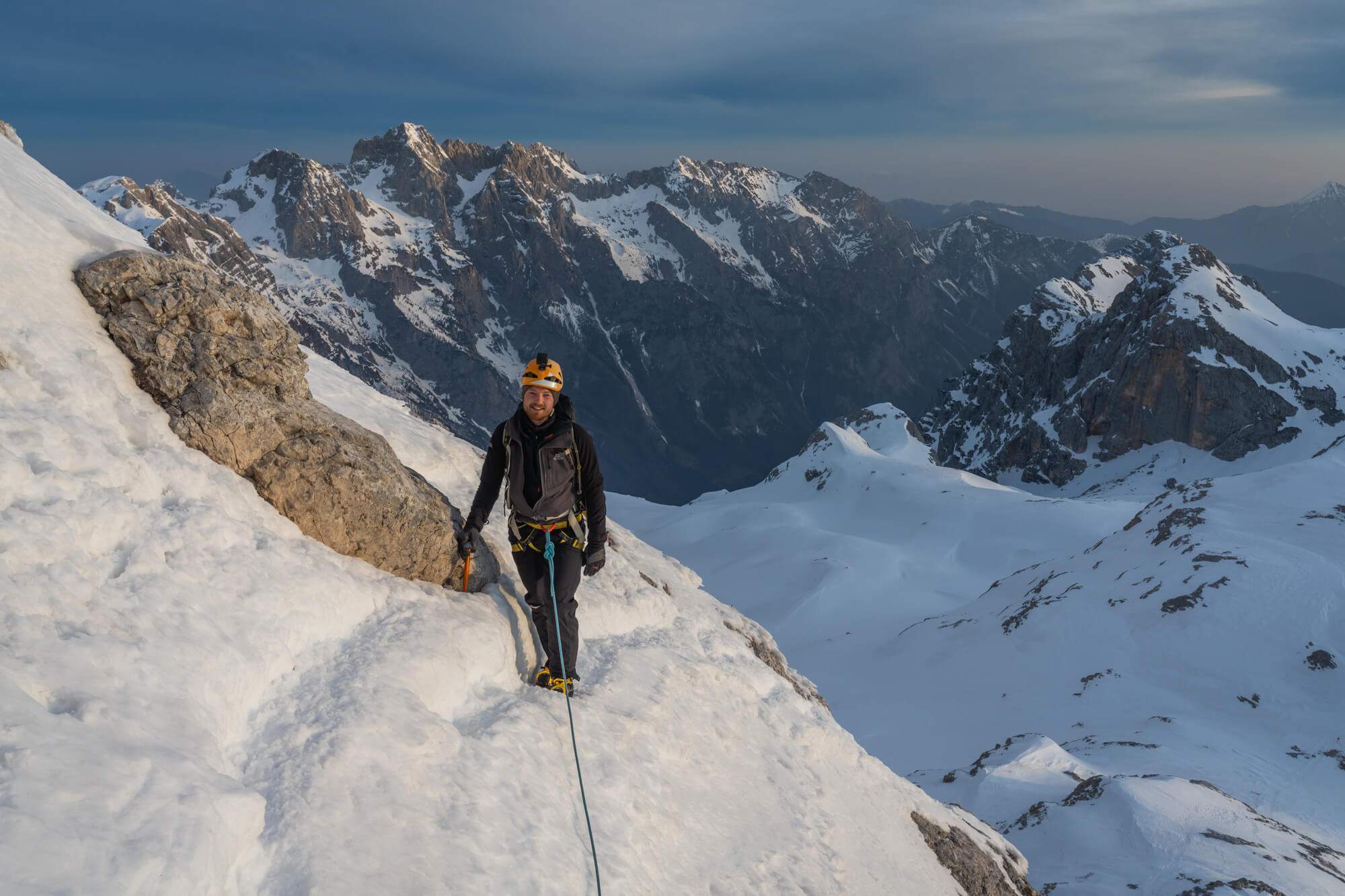 Traverse in the middle of via ferrata with beautiful views on Julian Alps