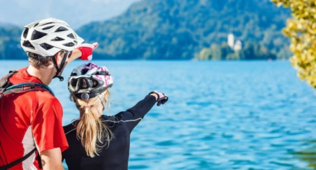 Taking a scenic view around Lake Bled in Slovenia while biking.