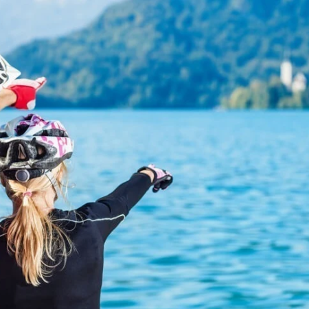 Taking a scenic view around Lake Bled in Slovenia while biking.