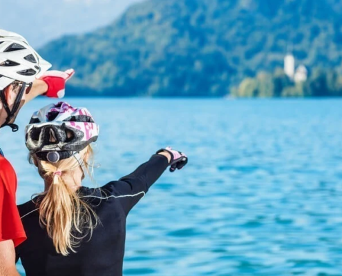 Taking a scenic view around Lake Bled in Slovenia while biking.