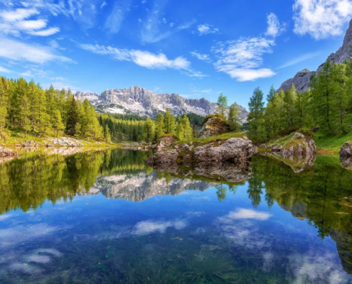 Picturesque mountain lake is seen while reflecting mountains in its steady crystal clear waters
