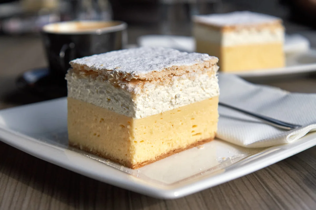 Lake Bled, Slovenia: Close up picture of Kremsnita served on a white plate
