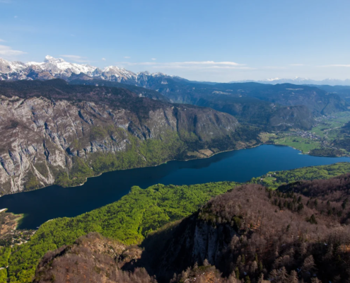 Bled Tours: Panoramic aerial view of a deep blue alpine lake surrounded by forested hills and snow-capped mountains under a clear blue sky.