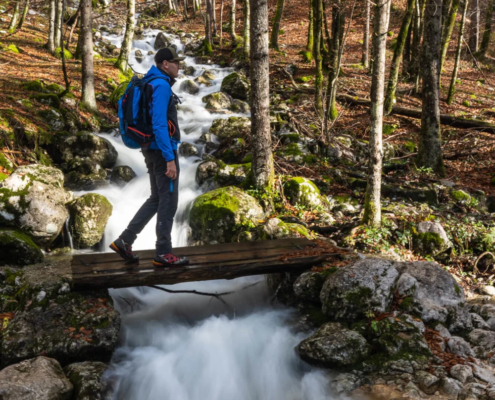 Slovenia Tours: A hiker crosses a small wooden bridge over a rushing stream in Mostnica Gorge, surrounded by leafless trees and rocky forest terrain.