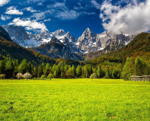 Slovenia Tours: The Špik mountain range rises sharply in the distance, surrounded by grassy meadows and a dramatic sky filled with fluffy clouds.