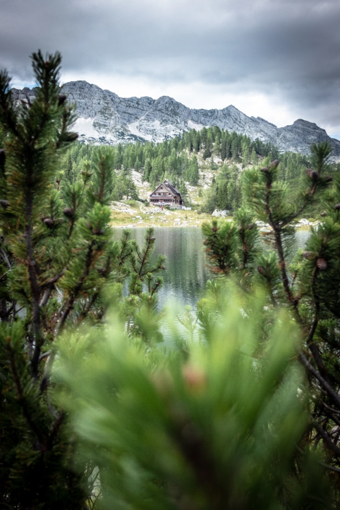 Mountain hut near a lake surrounded by pine trees in the Seven Lakes Valley, Julian Alps