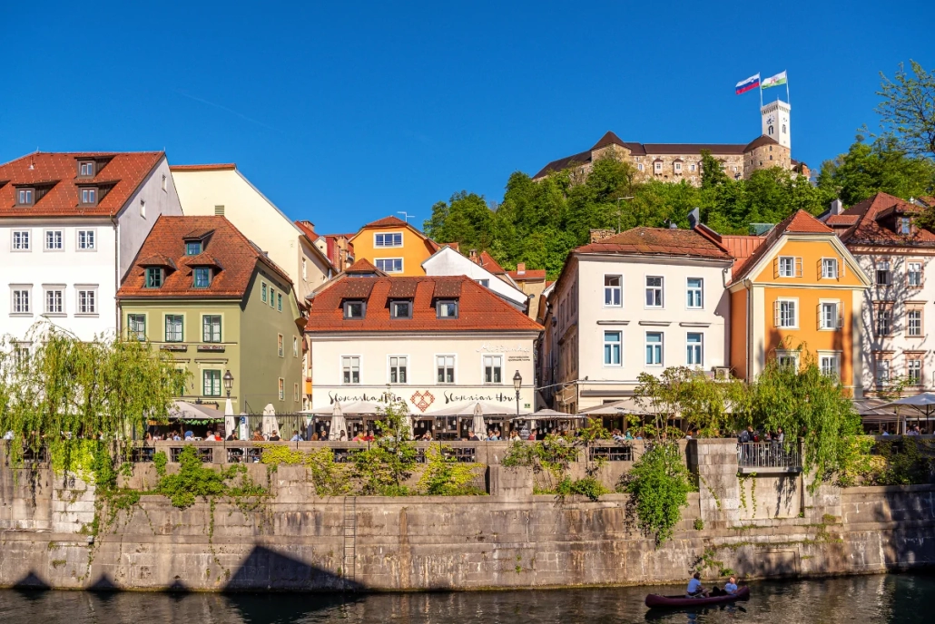 Colorful historic houses along the Ljubljanica River in Ljubljana