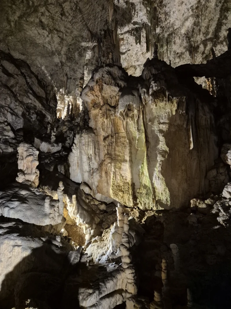 Dramatic limestone formations inside Postojna Cave, Slovenia